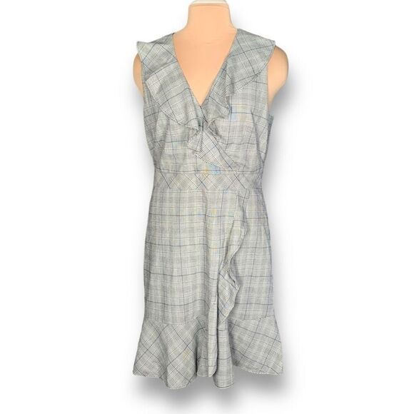 Kate Spade Mod Plaid Dress Gray Sleeveless V-neck Ruffle Detail Size 14 - Picture 1 of 11